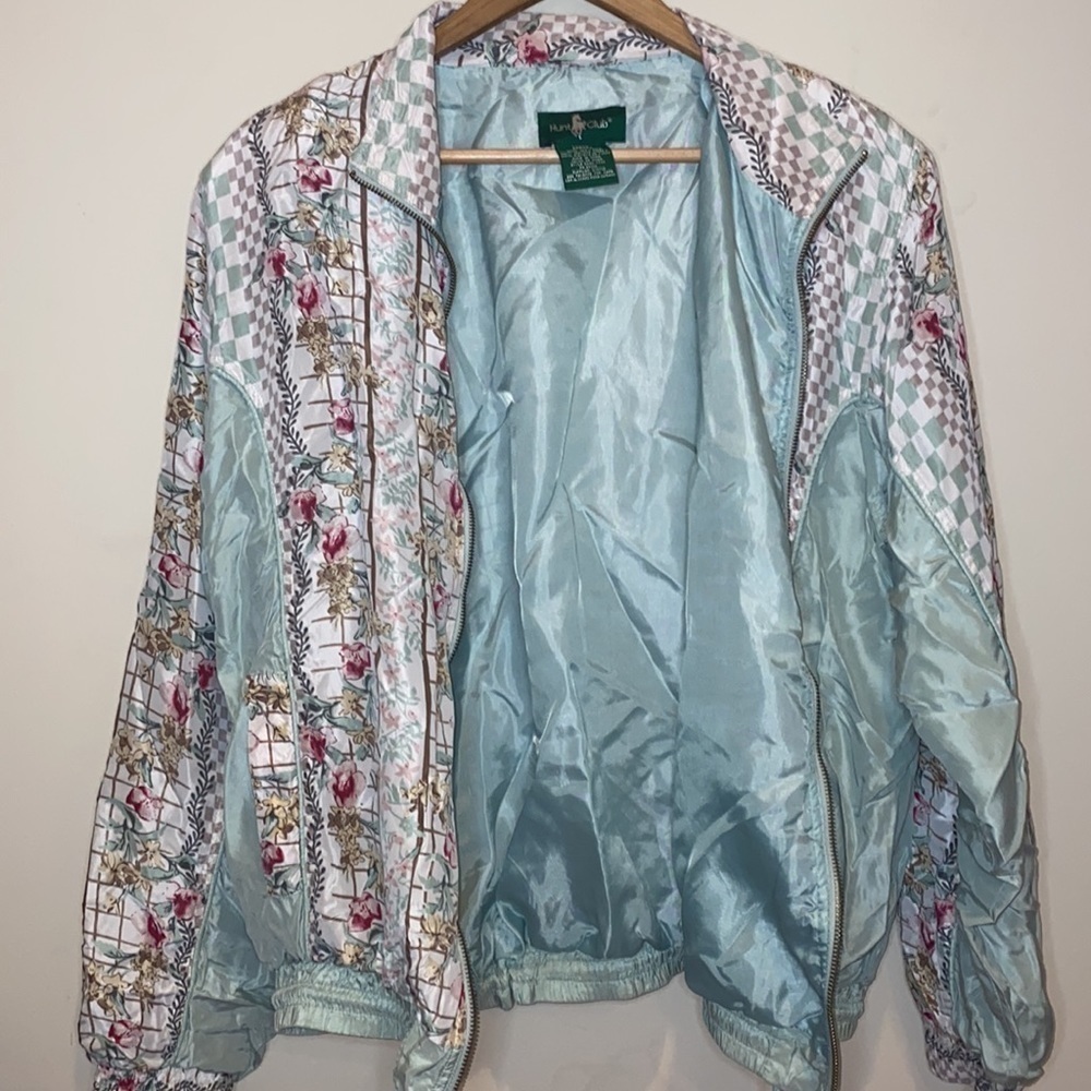 VINTAGE Hunt Club Light Green Floral Jacket 100% Silk Size Large - Picture 10 of 11